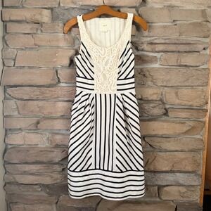 Anthropologie Maeve Lace Bodice Striped Fit Flare Dress Nautical Navy Ivory Sz 0